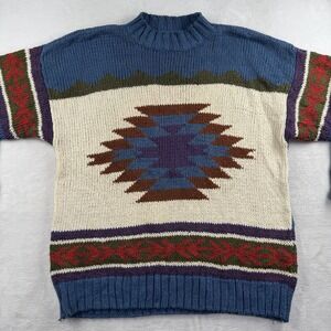 Vtg 80s 90s Liz Wear Womens L Southwest Aztec Knit Sweater Western Navajo Chunky